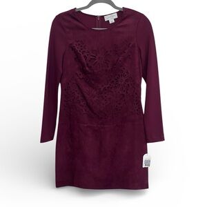 Jessica Simpson Cabernet Long Sleeve Laser Cut Front Detail Faux Suede Dress NWT